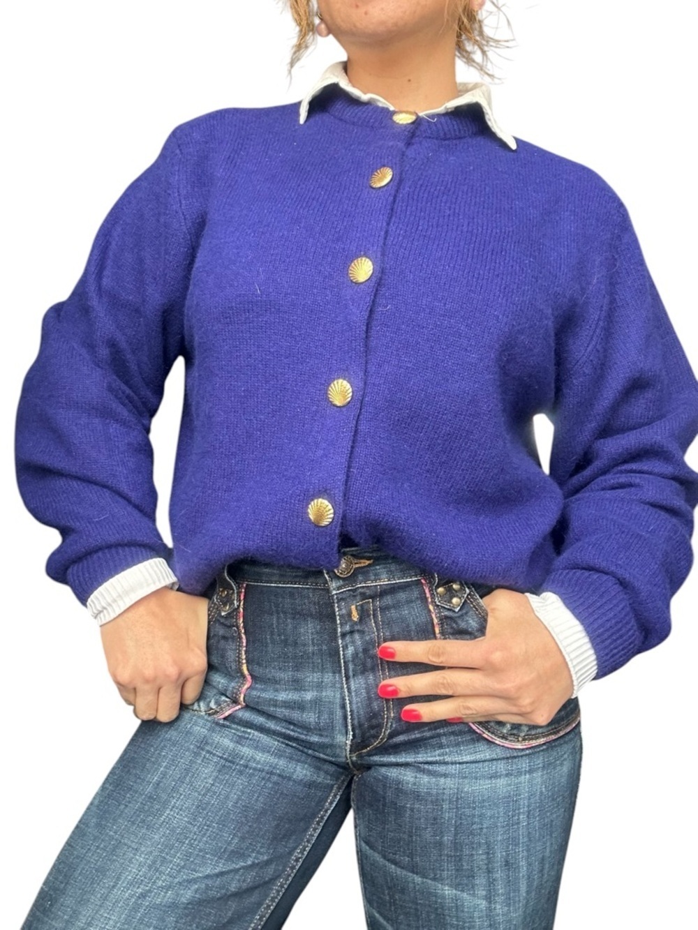 Braemar - Angora & lambswool Royal Blue Crewneck seashell button  Sweater - M